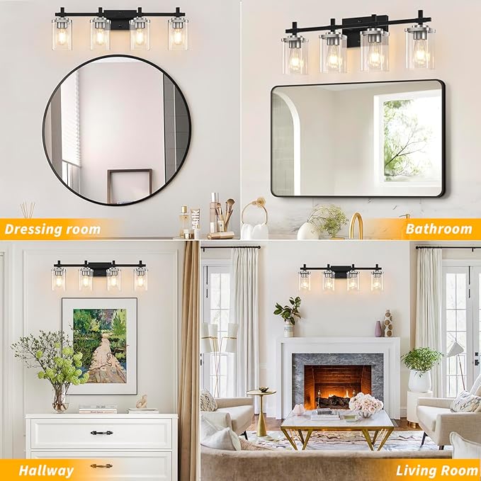 4-Lights Black and Brushed Nickel Vanity Lights with Clear Glass Shade, Bathroom Wall Light Fixtures, 30.3 Inch Large Vanity Lighting Fixture for Bathroom Mirror Living Room ﻿