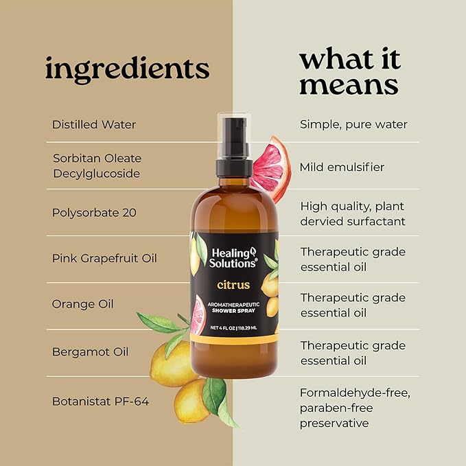 Healing Solutions Aromatherapy Shower Spray, Citrus, 4oz, Therapeutic Grade Essential Oils, Made in the USA, At Home Spa Experience