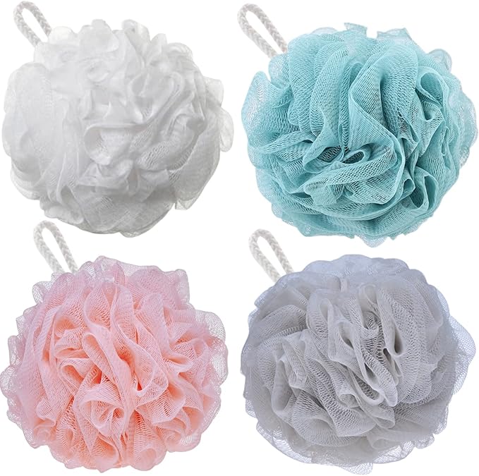 Pack of 4 Bath Sponges Shower Loofahs 60g Bath Exfoliating Sponge Shower Pouf Body Scrubber Mesh Pouf for Exfoliate Cleanse and Soothe Skin