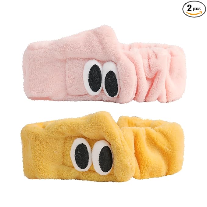 PERFECTSIGHT 2 Pack Cute Animal Headbands for Makeup Wash Shower Adjustable Elastic Hair Band for Girls and Women (Yellow+Pink Eye)