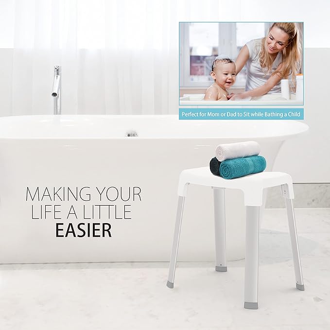 Better Living Smart 4 Shower Bench for Inside the Shower, Shower Stool for Shaving Legs & to Sit On, Rustproof Non-slip Stool with Durable Aluminum Legs, Waterproof Shower Bench, White
