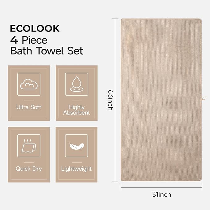 ECOLOOK 4 Pack Microfiber Bath Towels, 31 x 63 inches Extra Large Bath Towel Set, Super Soft Highly Absorbent Bath Towels Set of 4, Quick Dry Lightweight Bathroom Towels for Spa, Pool, Gym, Multicolor