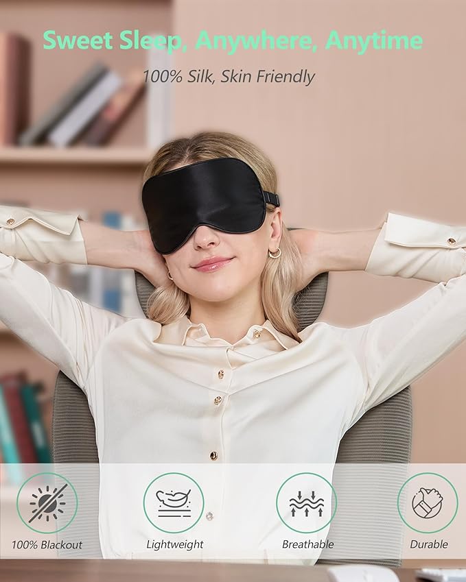 BeeVines 100% Real Mulberry Silk 2 Pack Sleep Mask, Natural Pure Silk Eye Masks with Adjustable Strap for Sleeping, 100% Block Light Eye Sleep Shade Cover, Reduces Puffy Eyes Traveling Gifts