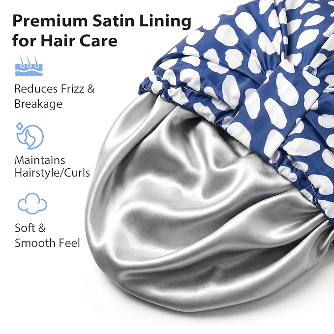 INNELO Luxury Shower Cap for Women Reusable Waterproof, Double Layered Shower Hair Cap with Adjustable Elastic Strap, Large Satin Lined Shower Bath Cap for Long Curly Straight Hair, Blue