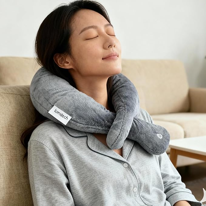 Travel Pillows,Wireless Airplane Massage Pillow Neck Support with 3 Vibration Modes,Vibration Wrap Neck Massage,Battery Operated Adjustable Pillow for Neck Pain Relief