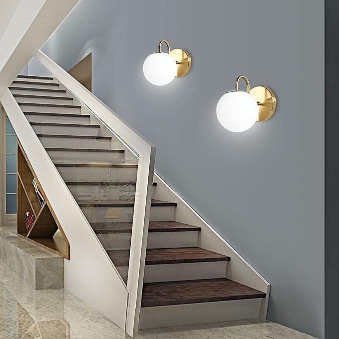 Modern Bedroom Wall Sconce Brushed Brass Indoor Wall Light Fixture Milk White Globe Glass Wall Lamp for Bathroom Kitchen Living Room Vanity Hallway (Exclude Bulb)