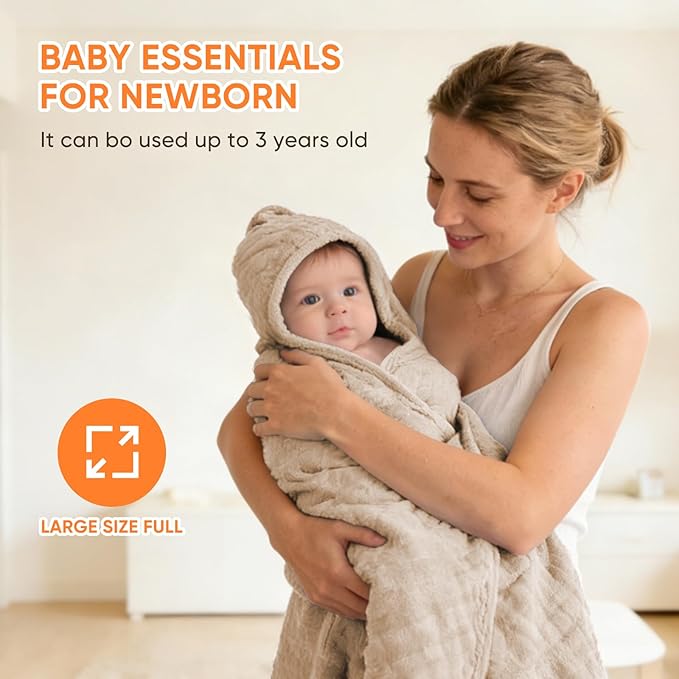 MIGIOL Muslin Hooded Baby Towels 100% Cotton ，Super Soft Muslin Baby Bath Towel - 32 x 32 Inches, Suitable for Newborn and Young Children up to 3 Years Old. (Beige & Green)