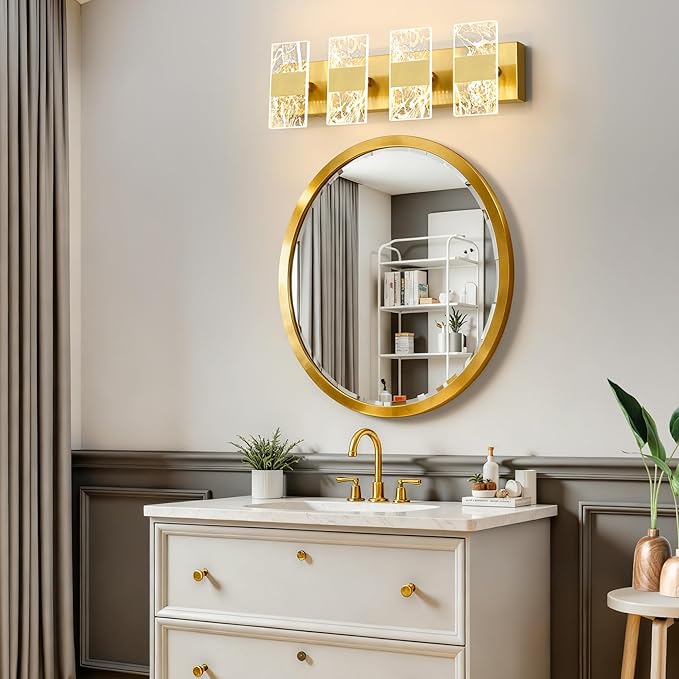 Modern LED Bathroom Light Fixtures Dimmable 4-Light Gold Vanity Light, 5CCT Adjustable Lighting Fixture Vanity Lights Over Mirror, Smoked Acrylic LED Vanity Lights for Bathroom