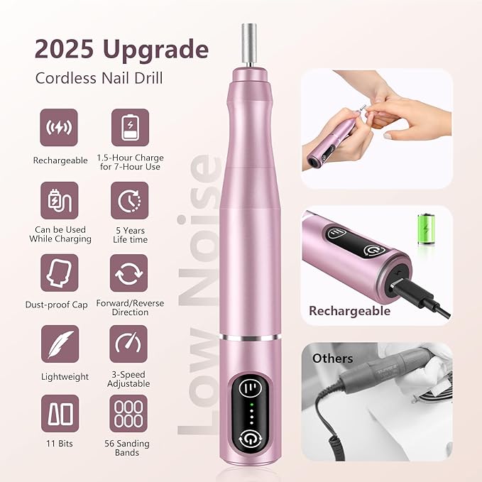 TUOBEO Cordless Nail Drill Electric Rechargeable File Kit, Professional Efile Acrylic Gel Nail Polish Remover Pedicure Manicure Machine Portable Set with 11 Bits 56 Sanding Bands for Salon Home Pink