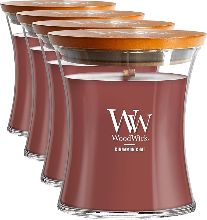 WoodWick Cinnamon Chai Holiday Candle Gifts for Women and Men,9.7 oz Medium Hourglass Candle with Crackling Wick,(Pack of 4)