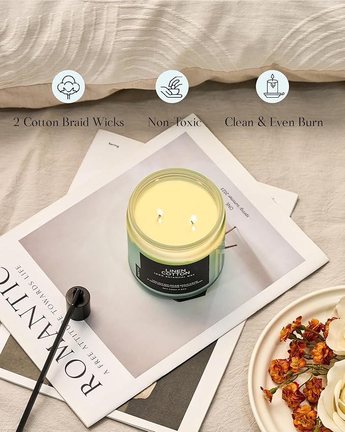 M&SENSE Fresh & Linen Cotton Scented Candles, 11.6oz Natural Soy Wax, 70-Hour Slow Burning, Clean Non Toxic Candle for Laundry, Aromatherapy Home Fragrance Gifts for Relxation Strees Relief