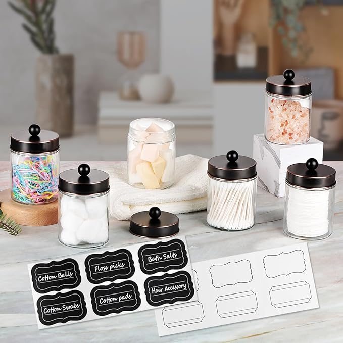 Amolliar 6 Pack Apothecary Jars Bathroom Vanity Organizer- Rustic Farmhouse Decor Storage Canister with Stainless Steel Lids- Qtip Dispenser Holder for Cotton Swabs, Rounds,Ball, Flossers (Bronze)