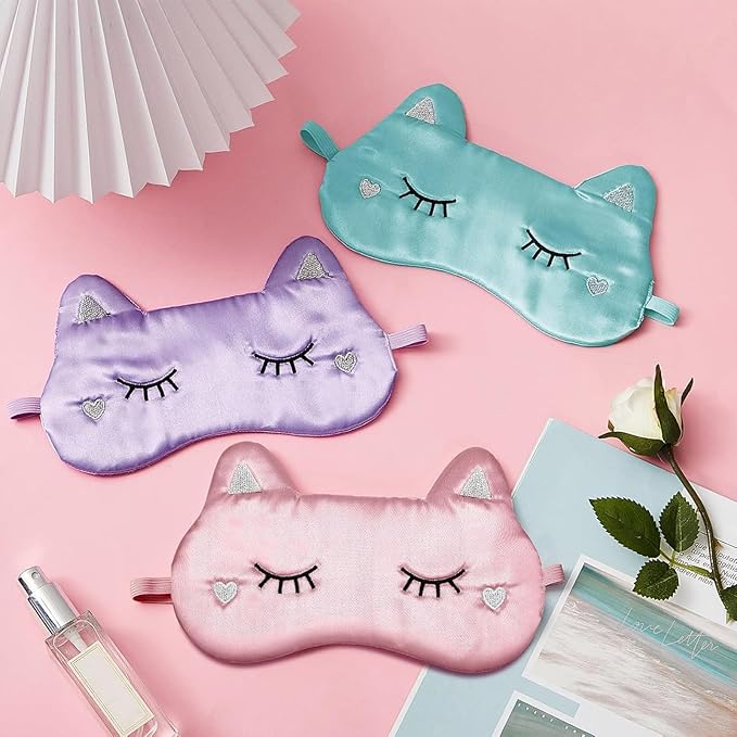 Haysandy 3 Pieces Sleep Mask for Kids Girls Cute Cat Sleeping Eye Cover Soft Mask Comfortable Funny Animal Night Eye Blindfold Cover for Kids Girls Women Home Travel(Silk Cat)