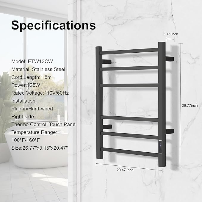 Electric Heated Towel Warmer - Wall Mounted Bathroom Towel Rack, Plug-in Design & Brushed Stainless Steel Finish Black Timer & Temperature Control, 6 Bar
