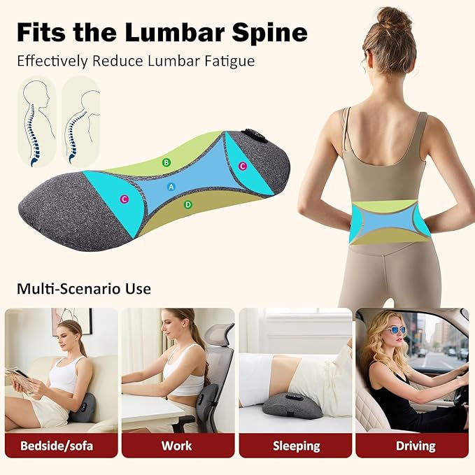 3-in-1 Rechargeable Smooth Triple Fusion Back Massager with Heat, Vibration, Traction, Electric Lumbar Support Pillow for Sleeping, Office, Car, Home