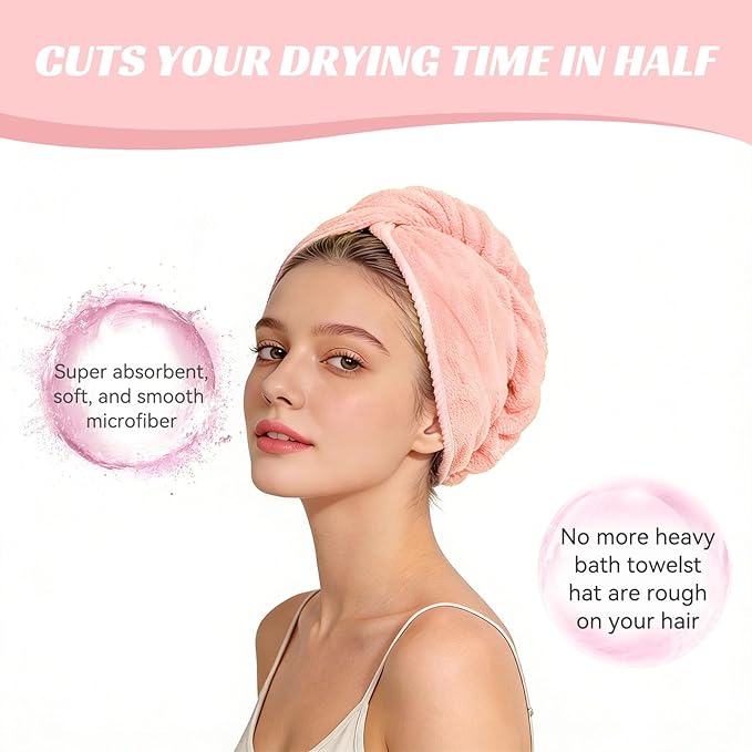 Microfiber Hair Towel Wrap for Women, Soft Lightweight Quick Dry Turban, Drying Hair Towels for Women, Hair Drying Towel with Button for Curly & Long Hair - Pink (Note: This model is ultra-slim.)