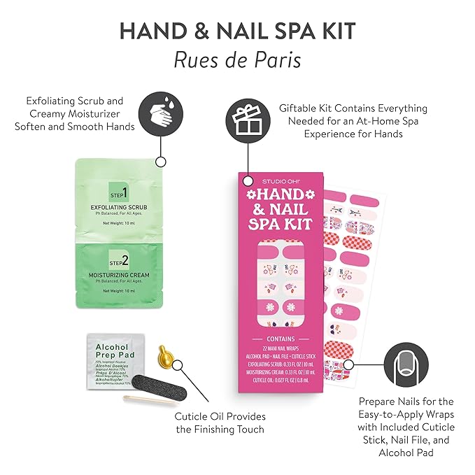 Studio Oh! Hand & Nail Spa Kit, Mini Nail Kit with 22 Nail Wraps, Exfoliating Scrub, Moisturizing Cream, Cuticle Oil & Tools, Girls Spa Kit,Travel Manicure Kit for Women & Girls (Rues de Paris Design)