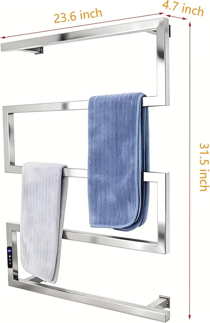 Towel Warmer Rack for Bathroom with Timer/Fahrenheit Temperature Control Wall Mounted Electric Heated 5 Bar Rail Plug-in or Hardwired Keep Bath Shower Towel Warming (Mirror Polish Slivery)