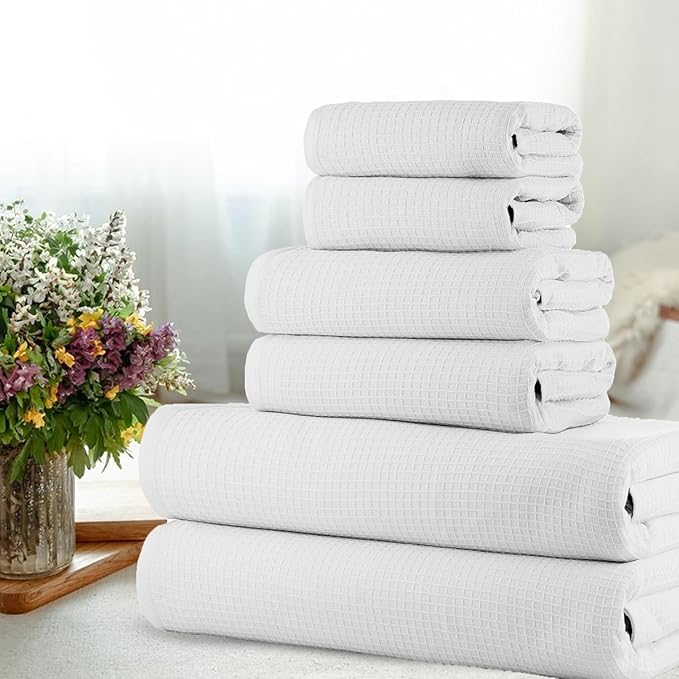 CASA COPENHAGEN Waffle 6Pcs 100% Egyptian Cotton Large Designer Towels Gift Set- White, 2Bath 2Hand 2Washcloths, Bath Towels for Bathroom (Box Pack, Set for Women & Men)