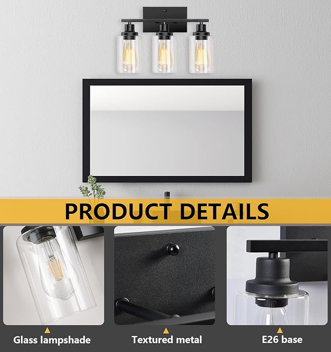 Bathroom Light Fixtures, 3-Light Vanity Lights, Black Bathroom Vanity Light with Clear Glass Shade, Modern Wall Lamp with Metal Frame, Wall lamps for Bedroom Washroom Living Room Hallway E26 Base