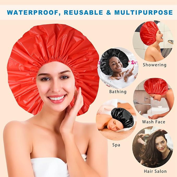 Jumbo Size Shower Cap 2 PCS Waterproof Shower Caps for Women, Extra Large Shower Cap, Reusable Super Large Bath Caps Hair Cap for Long Thick Curly Hair, Locs, Twist Braids - Black+Red