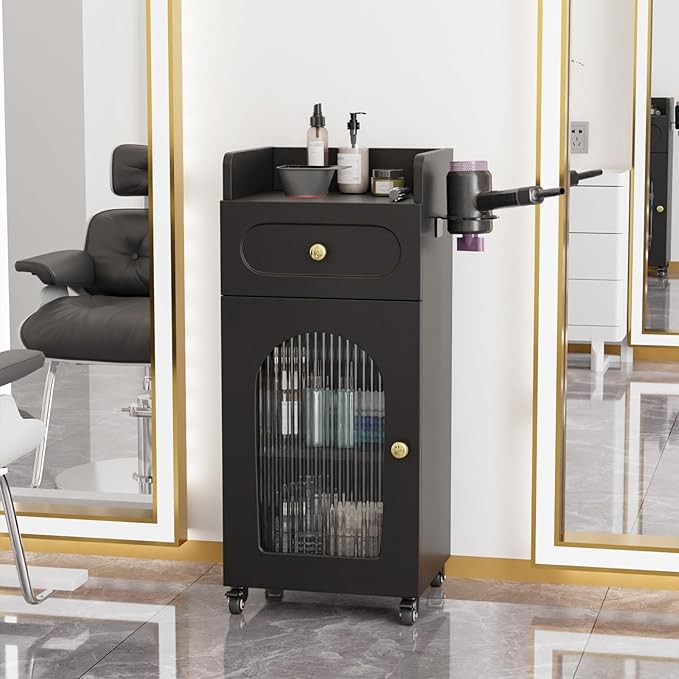 OmySalon Salon Cart with Wheels, 3-Tier Rolling Beauty Cart with Glass Door & Dryer Holder, Mobile Hair Styling Station for Barber, Spa, Esthetician, Nail & Tattoo Artists, Lockable Storage, Black