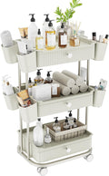 Dolonm 3 Tier Drawer Shelf Beauty Cart with 12 Movable Storage Organizer, Durable ABS, 360° Wheels for Salon Station for Hair Stylist, Beauty Salon, Spa Massage Parlor, Makeup Organizer - Beige Gray