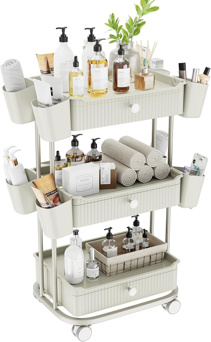Dolonm 3 Tier Drawer Shelf Beauty Cart with 12 Movable Storage Organizer, Durable ABS, 360° Wheels for Salon Station for Hair Stylist, Beauty Salon, Spa Massage Parlor, Makeup Organizer - Beige Gray