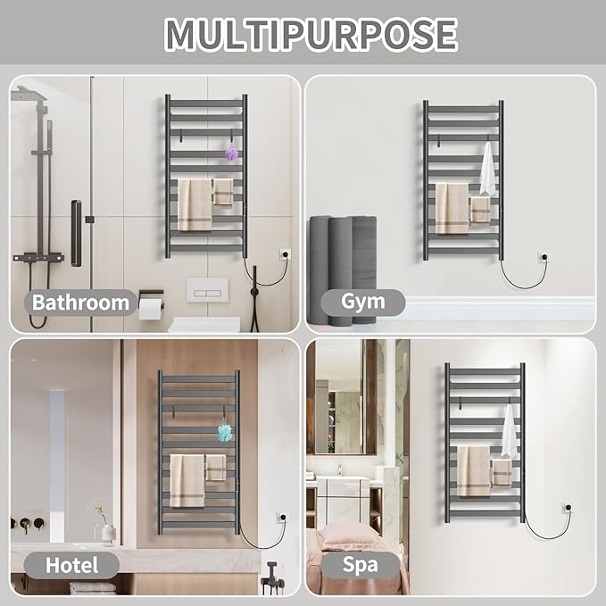 Heated Towel Rack for Bathroom, Hot Towel Warmer Rack Large 10 Bar Electric Hot Towel Warmer, Stainless Steel Wall Mounted Rack with LED Built-in Timer, Plug-in, Fast Heating, Black