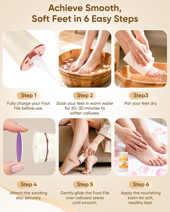 Electric Foot Callus Remover, 3-Speed Rechargeable Cordless Electronic Foot File with Moisturizing Balm, Electric Callus Remover Kit for Dead Skin, Birthday & Mothers Day Gifts for Women Mom, Beige
