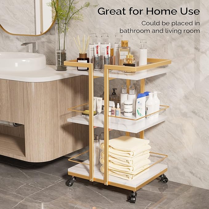 Esthetician Cart with Wheels Utility Salon Rolling Trolley, Gold Mobile Storage Organizer for Beauty Spa Cosmetology Massage, Tattoo Manicure Facial Tool Holder Station