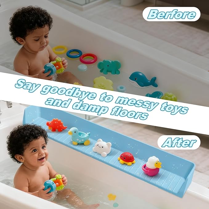 Bathtub Splash Guard for Kids,2.6 FT Silicone Bathtub Play Shelf with 11 Suction Cups, Bath Tub Ledge Shelf for Kids, Prevents Water Spills in Bathroom (Blue)