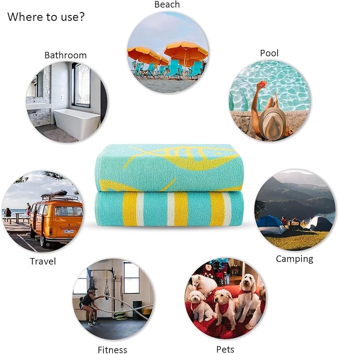 CASA COPENHAGEN Miami Towel 2Pcs Fish Teal - Teal Stripe Designer Stripe Beach Towels Gift Set, 35"x70" Oversized 100% Cotton Pool Bath Towel for Beach Gift Set (Summer Gift Set for Women & Men)