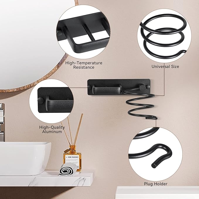 YUET Hair Dryer Holder Hairdryer Station Wall Mounted Shelf Bracket Straightener Stand Hanger Organizer Blow Storage with Cable Tidy Rack for Dressing Table Bathroom Aluminum Professional, Black