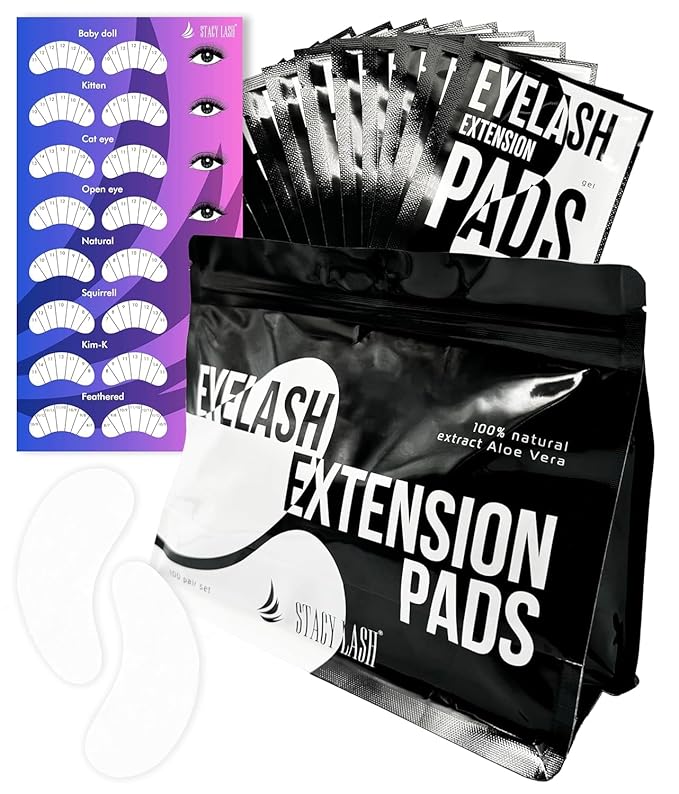 STACY LASH 100 Pairs Set Under Eye Gel Pads for Eyelash Extension - Lint Free Patches with Vitamin C and Aloe Vera Lash Supplies and Beauty tools - Hydrogel Eye Pads - Skin Moisturizes