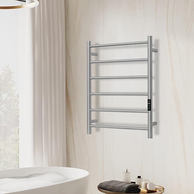 Electric Towel Rack with Voice Control for Alexa & Google Home,TUYA-Wall-Mounted Bathroom Heating Towel Warmer,Plug-in,26.77x20.47x4.39in,Stainless Steel Material,Brushed，6 Bars