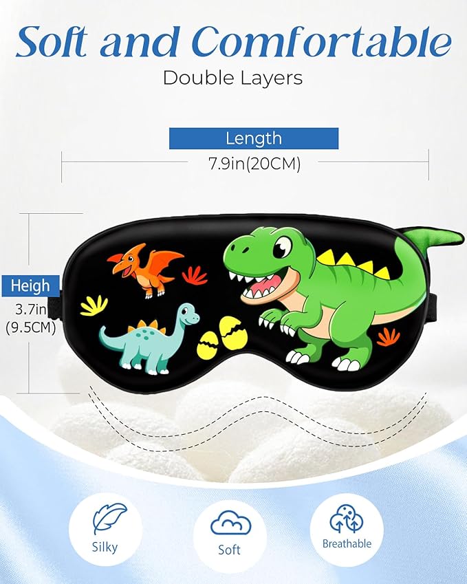 Miss Adola Sleep Mask for Kids - Valentines Gift for Kids Cute Silk Eye Cover for Sleeping Soft Kawaii Eyeshade Animal Eye Blindfold with Adjustable Strap for Boys Teens, Dinosaur