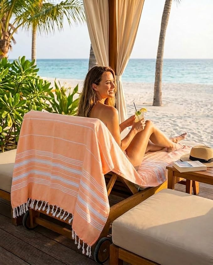Bazaar Anatolia Turkish Beach Towel – 100% Cotton, Quick Dry, Sand Free Towel for Bathroom, Camping, Travel – Oversized 71x39 Inches – Stripe Orange