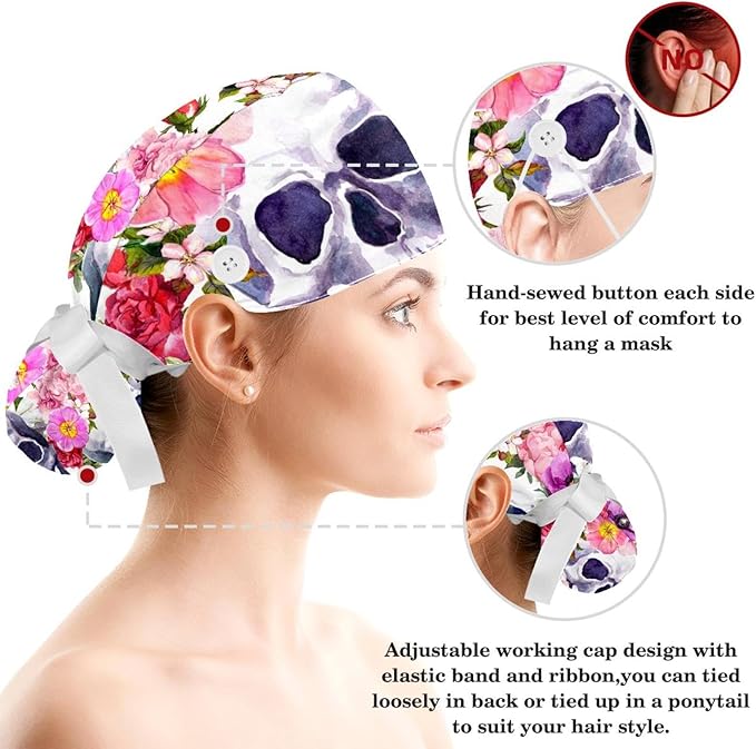 Adjustable Brown Dachshund Dog Blue Surgical Scrub Cap with Button,Sweatband for Women with Bow Hair Scrunchy