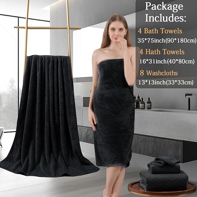 8-Piece Black Bath Towels Set,2 Oversized Large Bath Towels Sheet,2 Hand Towels and 4 Washcloths - 600 GSM Soft Luxury Towel Set,Highly Absorbent Quick Dry Towel Collection for Bathroom,Hotel and Spa
