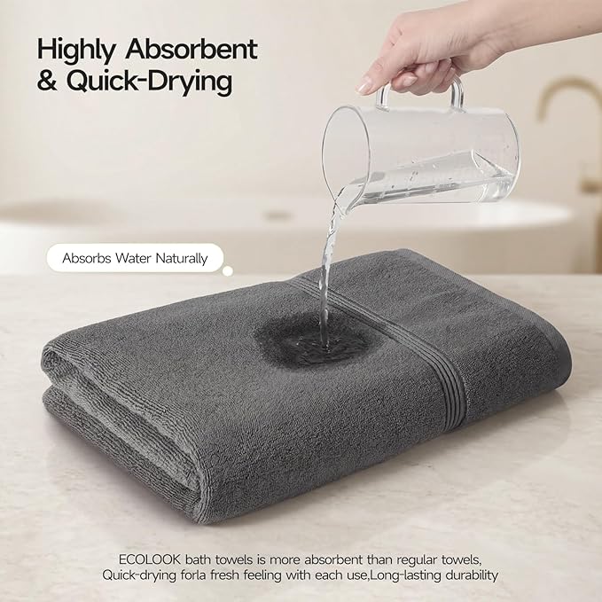ecolook Bath Towels Set of 4,100% Cotton,27 x 55 Inches,Quick-Drying & Absorbent,Soft,Lightweight Towels for Bathroom,Shower,Spa, Gym & Hotel,Dark Gray