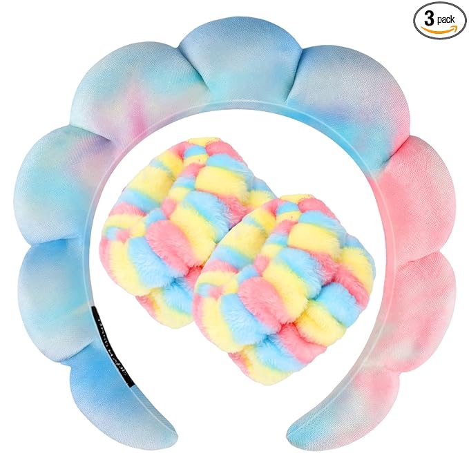 Zkptops Spa Headband for Washing Face Wristband Set Sponge Makeup Skincare Velvet Fabric Bubble Soft Get Ready Hairbands for Women Puffy Headwear Non Slip Thick Thin Hair Accessory (Pink Tie Dye)