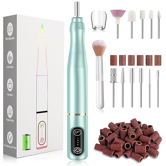 TUOBEO Cordless Nail Drill Electric Rechargeable File Kit, Professional Efile Acrylic Gel Nail Polish Remover Pedicure Manicure Machine Portable Set with 11 Bits 56 Sanding Bands for Salon Mint Green