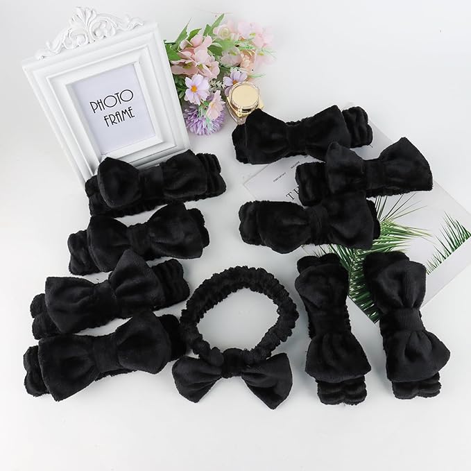Casoty 10 Pcs Black Face Wash Headbands, Spa Gifts for Women Girls, Soft Coral Fleece Skincare Headband, Bow Hair Bands, Beauty Headbands for Face Washing Shower Skin Care Yoga