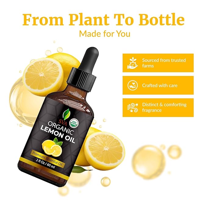 SVA Lemon Essential Oil Organic – 2 Fl Oz – 100% Natural Organic Lemon Oil - for Diffuser, Hair, Face, Skin Care, Aromatherapy, Scalp and Body Massage, Soap and Candle Making - with Dropper