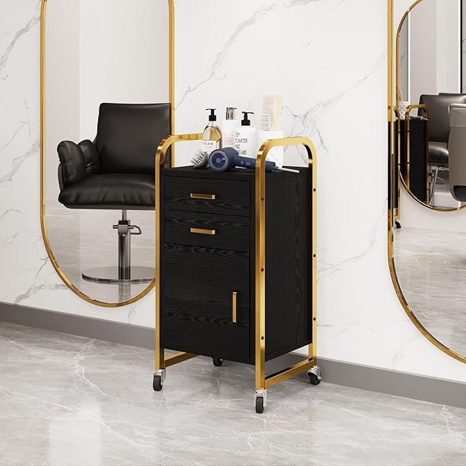 4ever2buy Black and Gold Salon Trolley Cart with Wheels, Salon Cart with Drawers and Cabinet, Rolling Cart for Hair Stylist, Professional Salon Stations Organizer