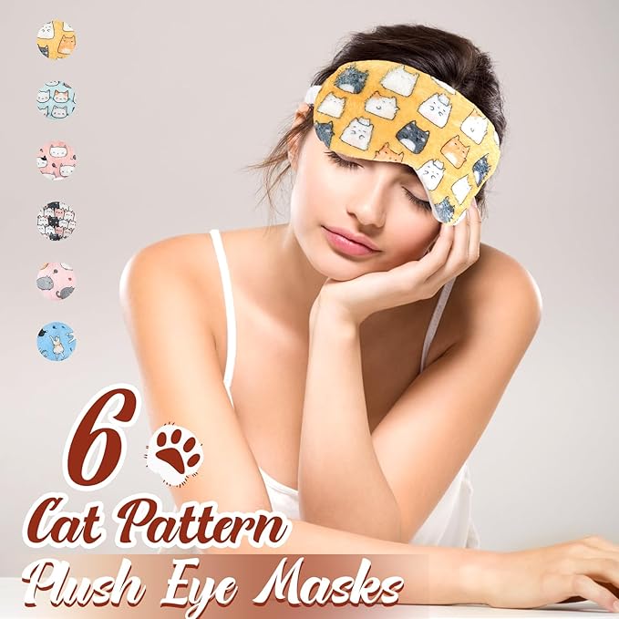 Cuffbow 6 Pack Plush Sleep Mask Set, Cute Plush Eye Masks for Sleeping, Soft Comfortable Travel Nap Blindfold, Sleepover Party Favors for Women(Cat,Colorful)