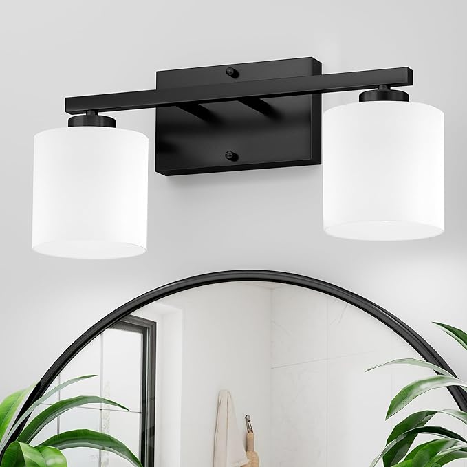 Honesorn Modern Vanity Lights - 2 Light Black Bathroom Light Fixtures with Frosted Shade, E26 Wall Mounted, Anti-Rust