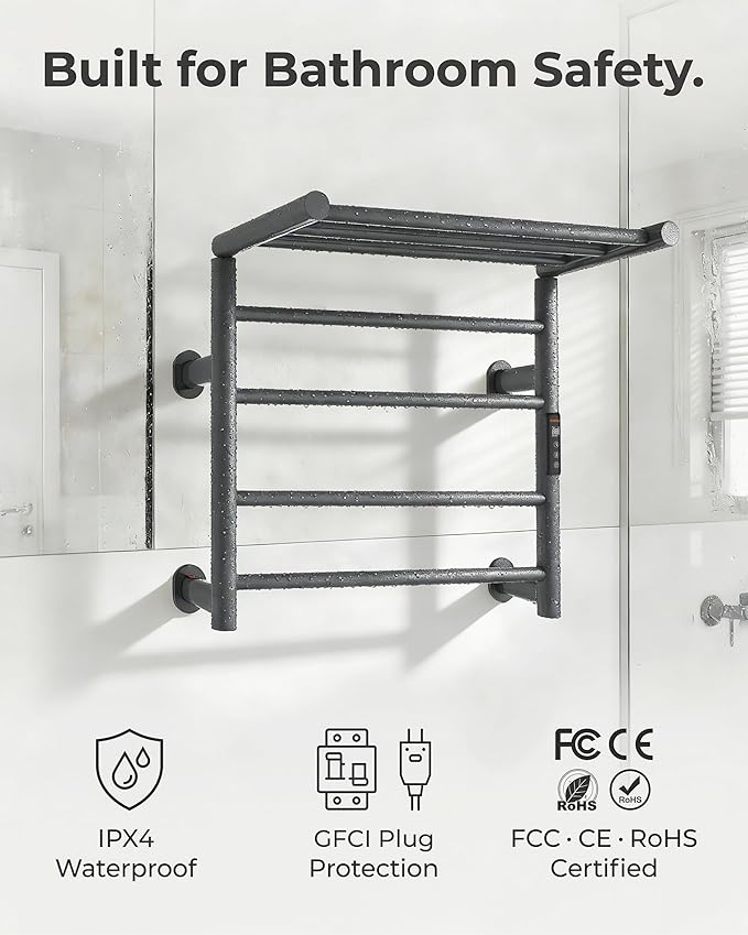 Foldable Heated Towel Rack, Dual-Zone Electric Towel Warmer Rack with Timer, GFCI Plug-in or Hardwired, Wall-Mounted, Drill-Free Installation, Twilight Grey, CA3-700X550-Standard-TG