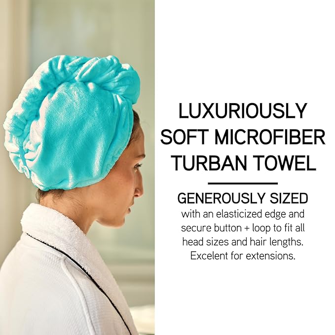 ILES FORMULA Hair Turban Towel – Ultra-Soft Microfiber Hair Towel Wrap for Fast Drying, Frizz Control & Breakage Protection – Large, Lightweight Hair Wrap for Short, Long & Curly – Spa Blue